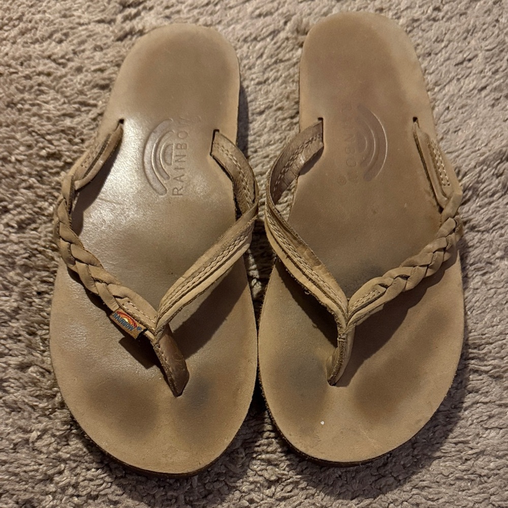 Rainbow Tan Braided Flip Flops